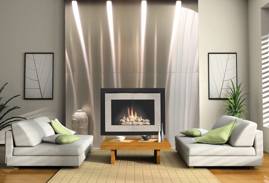 Stainless steel fireplace surround with white Funiture and decore