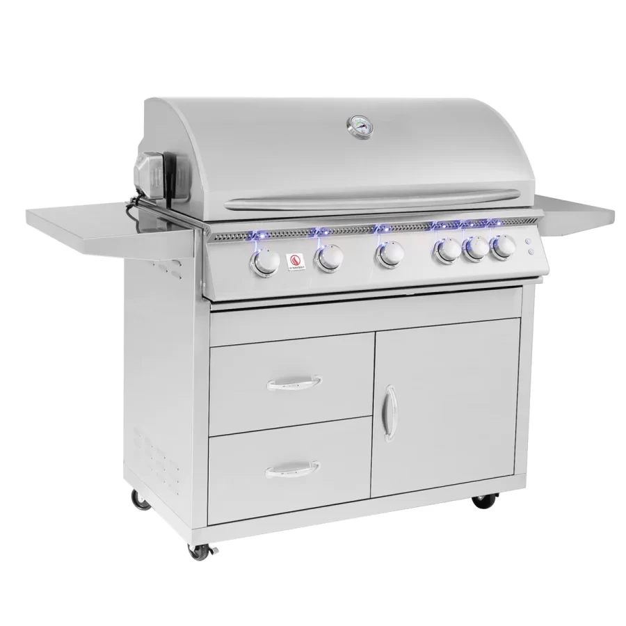 Angle view of a stainless steel free standing grill