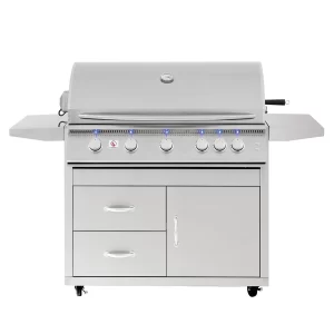 Front view of a freestanding stainless steel grill silhouette