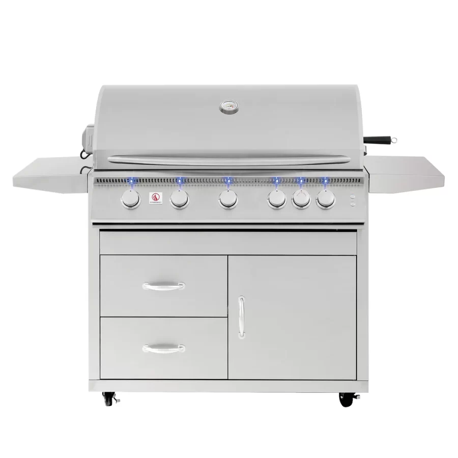 Front view of a freestanding stainless steel grill silhouette