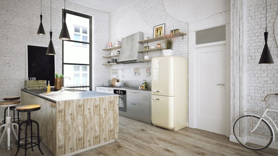 White kitchen with a range hood