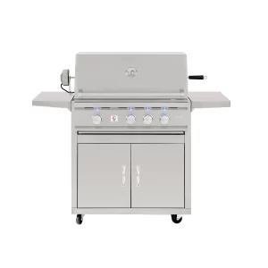 Front silhouette of a freestanding stainless steel grill