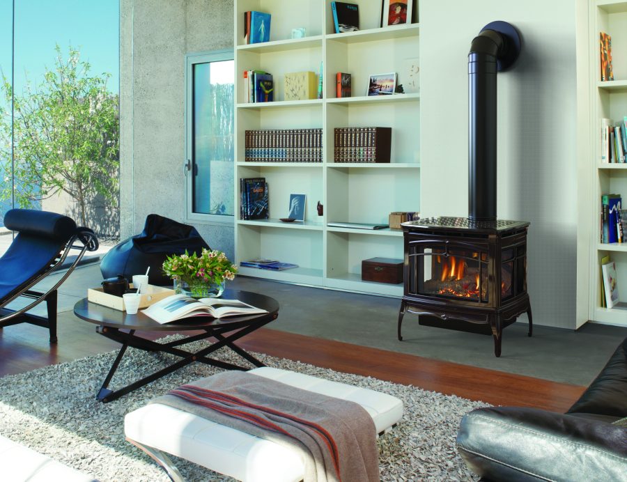 Gas stove in a bright living room with large windows and some bookshelves